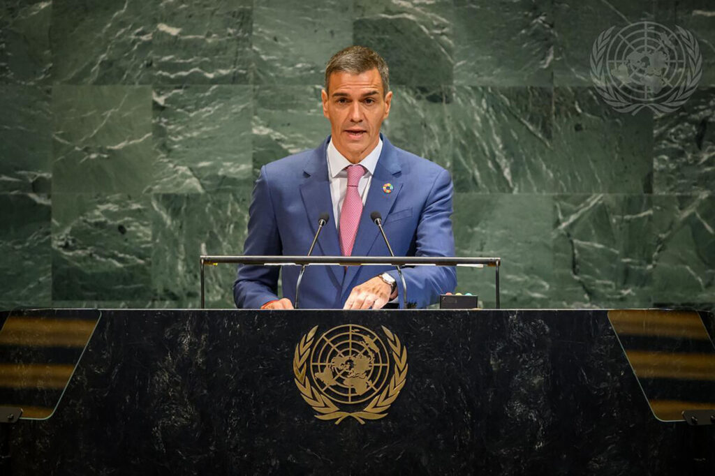 El presidente del Gobierno, Pedro Sánchez, durante su intervención en la Conferencia para la Solución de los Dos Estados. | Pool Naciones Unidas